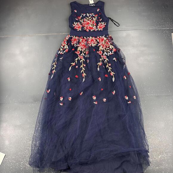 Minuet Dress Women Small Navy Blue Floral Embroidered Prom Formal ALine Maxi NWT - Picture 3 of 10